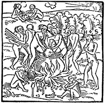 Uno de los grabados originales de la primera edición alemana de la Verdadera historia, donde aparecen los tupinambá en pleno banquete. Staden es el hombre con barba a la derecha bajo las siglas "H+S"