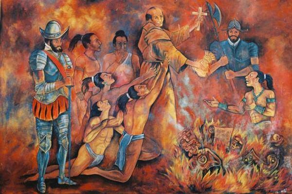Diego de Landa quemando ídolos. Mural de Leonardo Paz que escenifica el auto de fé de Maní.